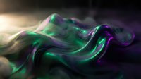 Glowing green and purple smoke waves flow across a dark background, creating a dramatic, ethereal abstract effect for wallpapers and digital art.