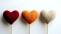 Three knitted heart-shaped decorations in burgundy, orange, and cream on wooden sticks against white background for Valentine's Day crafts and seasonal designs.