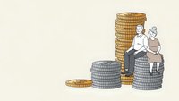 Senior couple sitting on stacks of coins planning retirement savings and financial security for future pension fund investment strategy.