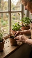 Senior woman planting seedlings in terracotta pots by sunny window, nurturing green plants in cozy indoor garden setting for spring gardening hobby.