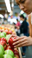 Young woman carefully selecting fresh red apple at grocery store produce section with blurred shoppers in background.