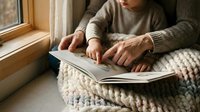 Adult and young child reading a picture book together by a sunny window, wrapped in a cozy knit blanket, sharing a warm bonding moment.