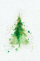 Abstract watercolor Christmas tree with green splashes and gold spatter on white textured background for holiday greeting cards and festive designs.