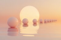 Minimalist spheres floating on reflective surface against large sun in pastel pink and orange sky, creating serene geometric composition with water reflection.
