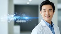 Asian male doctor in white coat smiling with digital technology hologram in modern medical office environment for healthcare innovation concepts.