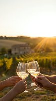 Couple toasting with white wine glasses at vineyard during golden hour sunset with rolling hills and grapevines in background for romantic celebration.