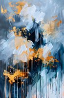 Abstract painting with dynamic brushstrokes in navy blue, gold, and white creating a dramatic composition with dripping paint effect for modern wall art.