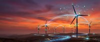 Wind turbines generating renewable energy at sunset with dramatic purple and orange sky over rolling landscape creating sustainable power for future generations.
