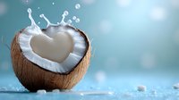 Fresh coconut half with heart-shaped milk splash on turquoise background. Tropical fruit concept for healthy lifestyle, natural nutrition and summer refreshment.