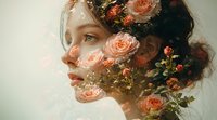 Young Caucasian woman profile portrait with peach roses and floral elements merged in double exposure effect, soft dreamy atmosphere on light background.