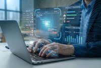 Business professional analyzing digital data dashboard with holographic interface displays showing project tracking metrics and analytics on laptop computer.