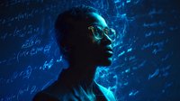 Young African American man with glasses surrounded by glowing mathematical formulas and equations in blue light for educational technology concepts.