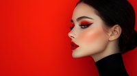 Asian woman with dramatic red makeup and black turtleneck in profile against vibrant red background, showcasing bold lipstick and eye shadow for beauty and fashion concepts.