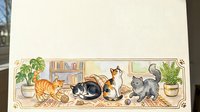 Playful cats in cozy home library setting with books and plants, domestic felines relaxing indoors, pet lifestyle scene for greeting cards and home decor.