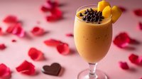 Creamy chocolate mousse dessert in elegant glass topped with chocolate chips and orange garnish, surrounded by red rose petals and heart shape on pink background.