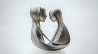 Minimalist silver sculpture of two abstract figures forming heart shape, symbolizing love and connection in contemporary art design.