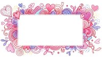 Decorative frame with hand-drawn hearts, swirls and floral doodles in pink and purple colors on white background for romantic design projects.