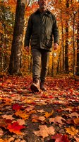 Middle-aged Caucasian man walking through autumn forest with vibrant fall foliage, wearing dark jacket and pants, stepping on colorful fallen leaves.