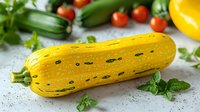 Fresh yellow zucchini squash with green speckles on light background, surrounded by cherry tomatoes, herbs and vegetables, macro food photography.