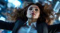 Young woman with long brown wavy hair and fair complexion wearing dark business blazer and white shirt, looking upward with arms outstretched in urban environment with blue bokeh lighting, expressing ambition and success.