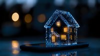 Glowing miniature house with blue fairy lights on smartphone screen at night, magical bokeh background creates dreamy atmosphere. Perfect for holiday concepts.