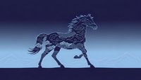 Galloping horse silhouette with decorative ornamental patterns on gradient blue background for equestrian design projects and artistic applications.
