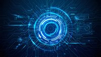 Futuristic blue digital eye with glowing circuits and technological interface elements on dark background for cybersecurity and AI concepts.