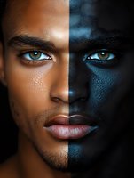 Creative portrait showing contrasting lighting effects on African American male face with striking blue eyes, split composition highlighting light and shadow play.