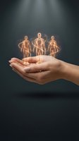 Cupped hands holding glowing holographic human figures representing healthcare protection, medical insurance and wellness support concepts.