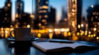 Evening cityscape with coffee cup and open notebook on table against blurred urban lights and skyscrapers background, creating cozy atmosphere for writing or working late.