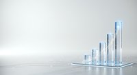 Transparent glass bar chart showing upward growth trend with ascending columns on reflective surface against white background, isolated for business presentations and financial analytics design use.