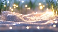 Magical winter landscape with glowing sparkles and bokeh lights on snow surface, soft focus dreamy scene with blurred background and golden illumination.