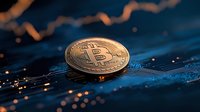 Golden cryptocurrency coin on circuit board with dramatic lighting and bokeh effects, symbolizing digital finance and blockchain technology in modern banking.
