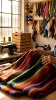Artisan hands holding colorful striped knitted blanket in cozy textile workshop with yarn storage and sewing machine creating handmade crafts for home decor.