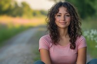 Young woman with long curly dark hair and olive complexion wearing pink shirt sitting on rural road at golden hour for lifestyle and portrait photography.