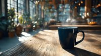 Black coffee mug on rustic wooden table in cozy cafe interior with warm sunlight streaming through windows and green plants in background.