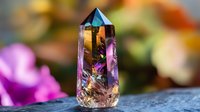 Colorful crystal point with rainbow inclusions and natural formations against blurred floral background, displaying mystical healing properties and spiritual energy.