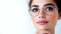 Young professional woman with round eyeglasses looking up thoughtfully against white background. Business portrait for corporate and educational content.