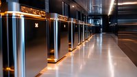 Modern data center corridor with illuminated server racks and reflective floor creating dramatic perspective. Warm lighting highlights advanced technology infrastructure.