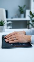 Businessman hands using digital tablet with financial charts and graphs in modern office workspace for data analysis and business planning.
