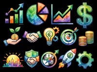 Watercolor business and finance icon set isolated on transparent background, ready for stickers, clipart, print on demand, sublimation, and t-shirt design use.