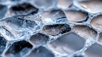 Frozen honeycomb pattern with ice crystals forming geometric shapes in macro photography. Natural winter texture with cold blue tones and frost details.
