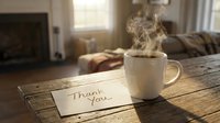 Steaming coffee mug beside a handwritten Thank You note on a rustic wooden table in a cozy living room interior.