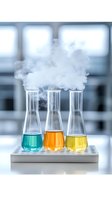Laboratory glassware with colorful liquids and rising smoke on white stand against blurred background, scientific research concept for chemistry experiments.