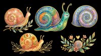 Colorful decorative snails clipart set with floral details, isolated on transparent background. Great for stickers, t-shirt design, print on demand, and sublimation.