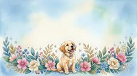 Golden retriever puppy sitting among watercolor floral border with pink flowers and green leaves on soft blue background for greeting cards.
