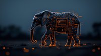Glowing orange circuit patterns form elephant silhouette against dark background, combining nature and technology in futuristic digital art concept.