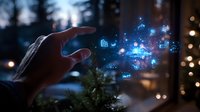 Magical glowing digital icons float from an outstretched hand against evening cityscape, illustrating technology transformation and smart city connectivity concept.
