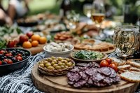 Mediterranean appetizer spread with cured meats, olives, fresh tomatoes, and white wine served on rustic wooden board with linen tablecloth for outdoor dining.