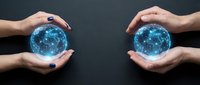 Two pairs of hands protecting glowing blue digital network spheres representing cybersecurity, data protection and technology collaboration concepts.
